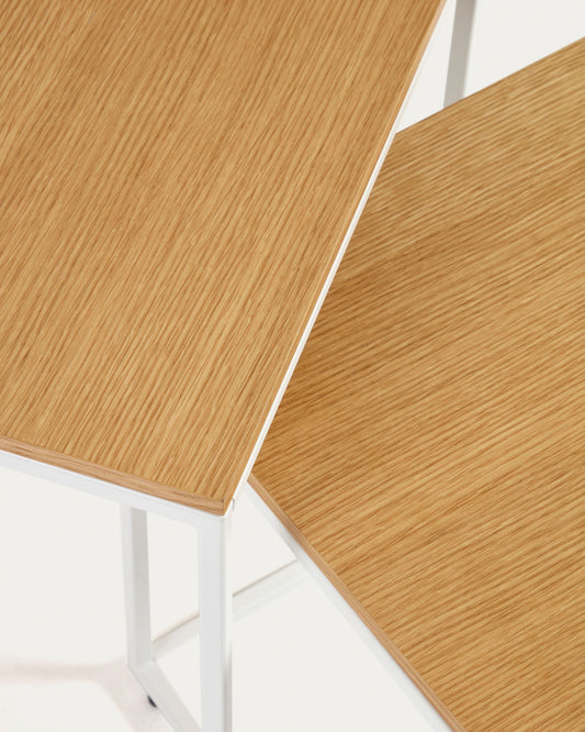 Yoana Set of 2 Nesting Side Tables with Oak Veneer and Painted White Metal Frame