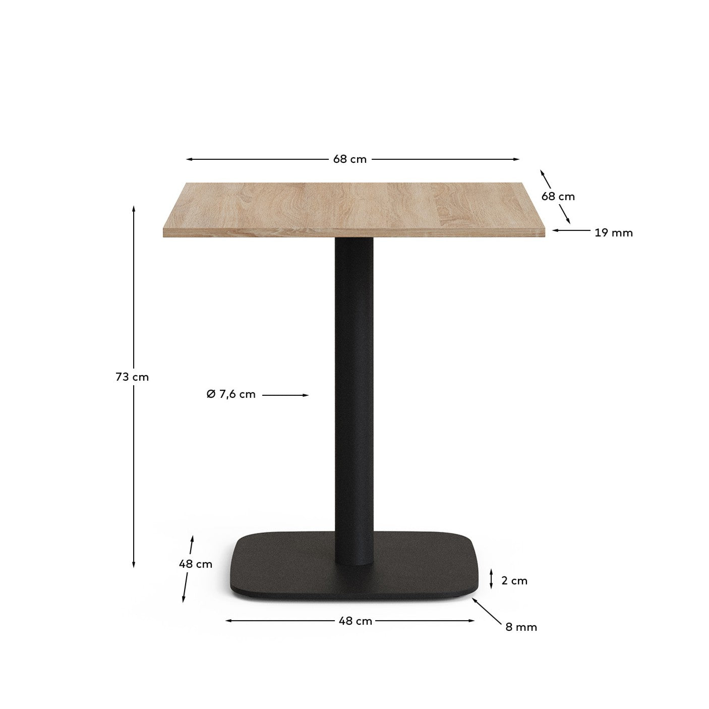 Dina sto od prirodnog melamina sa metalnom nogom u farbanoj crnoj boji, 70 x 70 x 70 cm