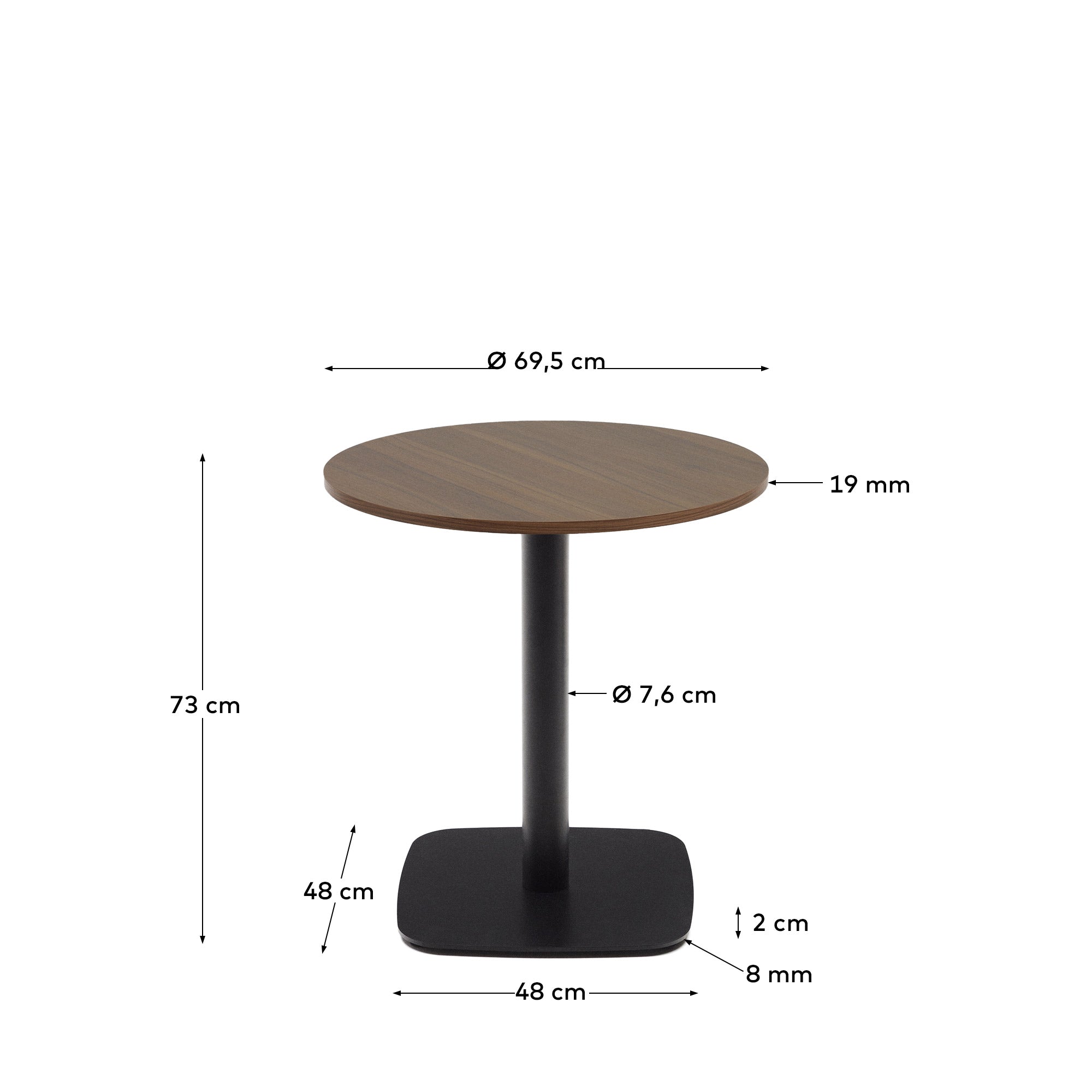 Okrugli sto Dina od melamina od oraha sa metalnom nogom u farbanoj crnoj boji, Ø 68x70 cm