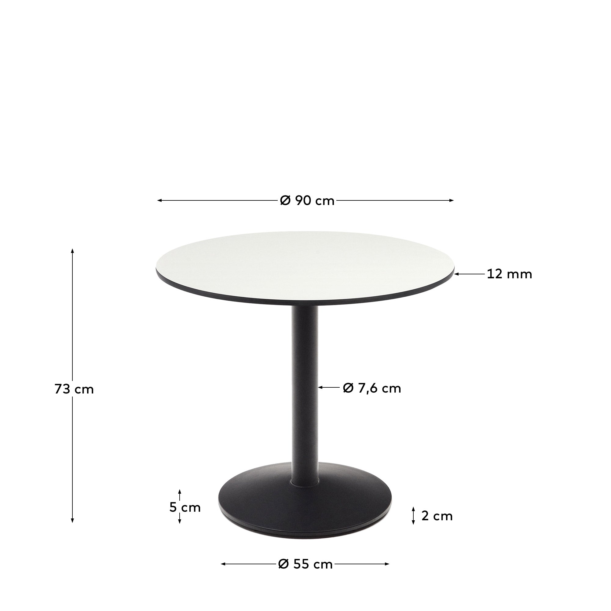 Esilda round outdoor table in white with metal leg in a painted black finish, Ø 90 x 70 cm