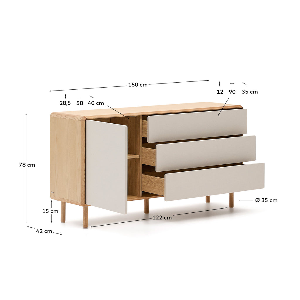 Anielle komoda od punog jasena i jasena sa 1 vratima i 3 fioke, 150 x 78 cm
