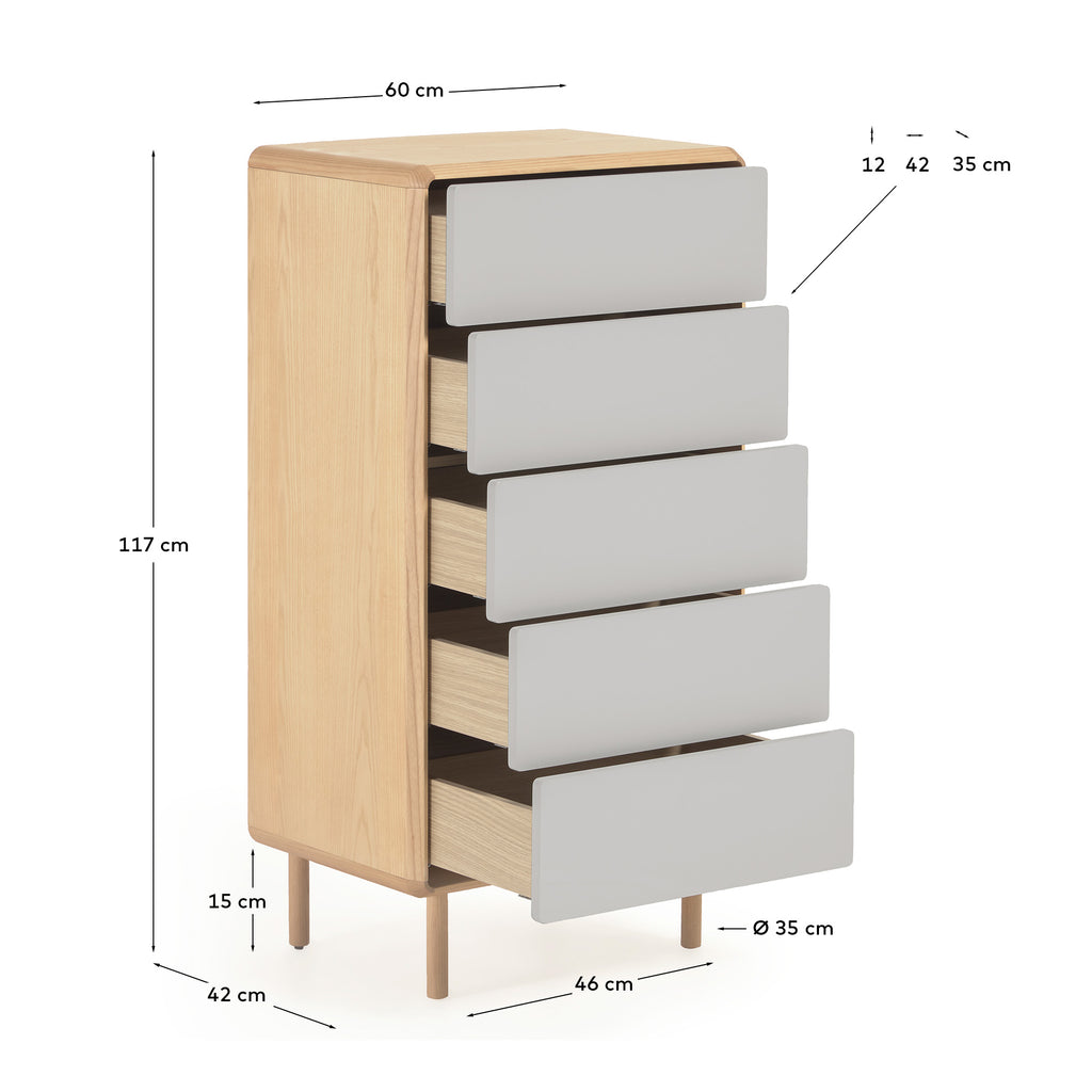 Anielle komoda od punog i jasenovog furnira sa pet fioka 60 x 117 cm